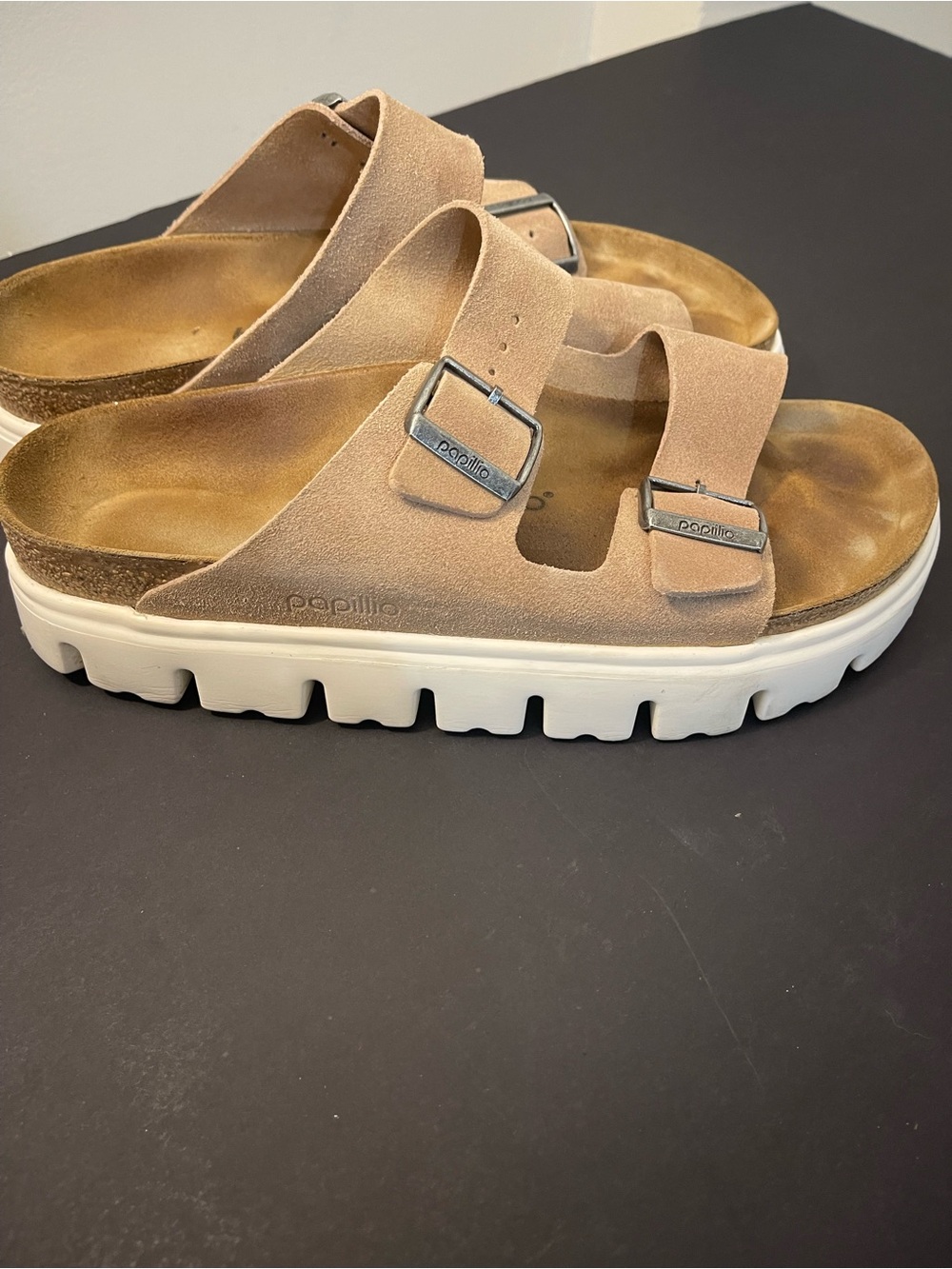 Papillio Beige Suede Double-Buckle Platform Clog Sandals